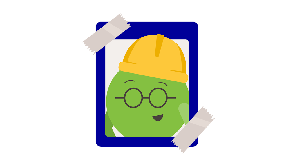 Der Energiewendelin eine grüne Figur mit Helm, in einem blauen Bilderrahmen.
