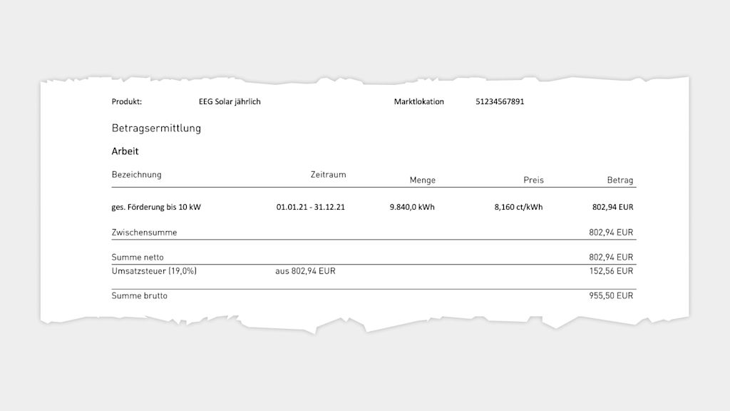 Rechnung EEG Solarförderung: 955,50 EUR