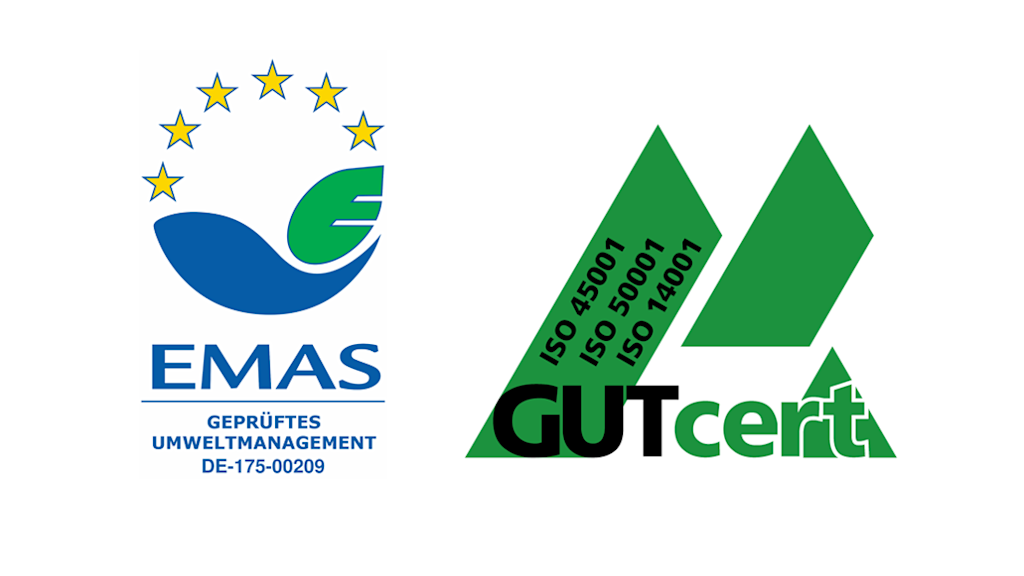 EMAS- und GUTcert-Zertifikate. ISO 45001, 50001, 14001.
