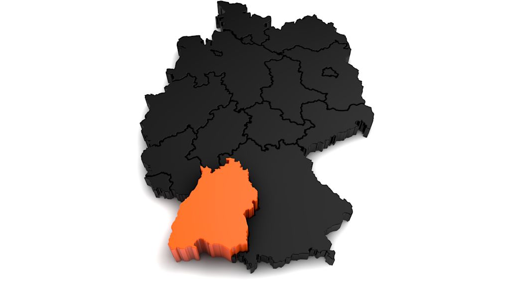 3D-Karte Deutschlands, Baden-Württemberg hervorgehoben.