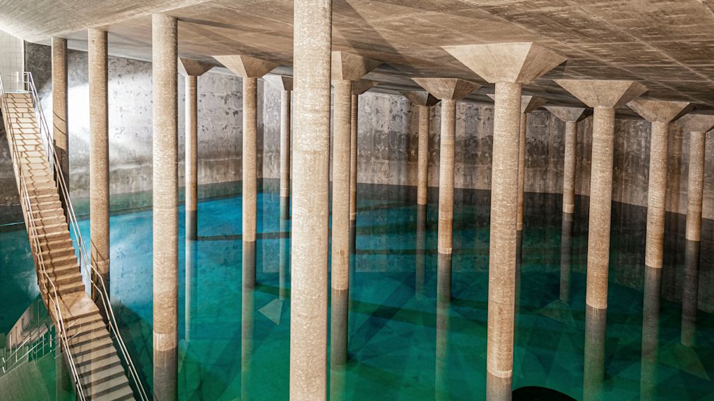 Unterirdisches Wasserbecken mit Treppe.