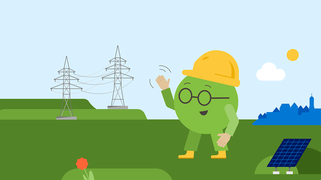 Der Energiewendelin, eine grüne Figur mit gelben Helm, winkt neben Strommasten.