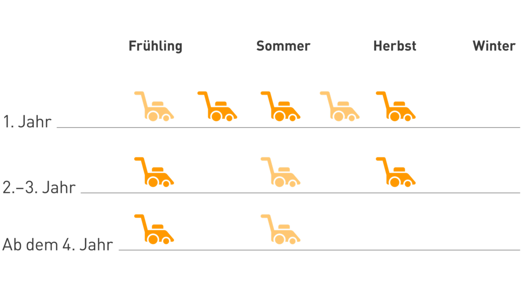 Die Grafik zeigt an wie oft die Wiesen der blühenden Umspannwerke gemäht und gepflegt werden müssen in den ersten Jahren.