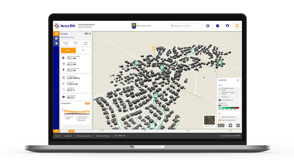 Laptop zeigt 3D-Stadtmodell mit Energiedaten von Netze BW.