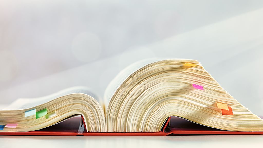 Ein aufgeschlagenes Gesetzbuch von der Seite mit bunten Lesezeichen.