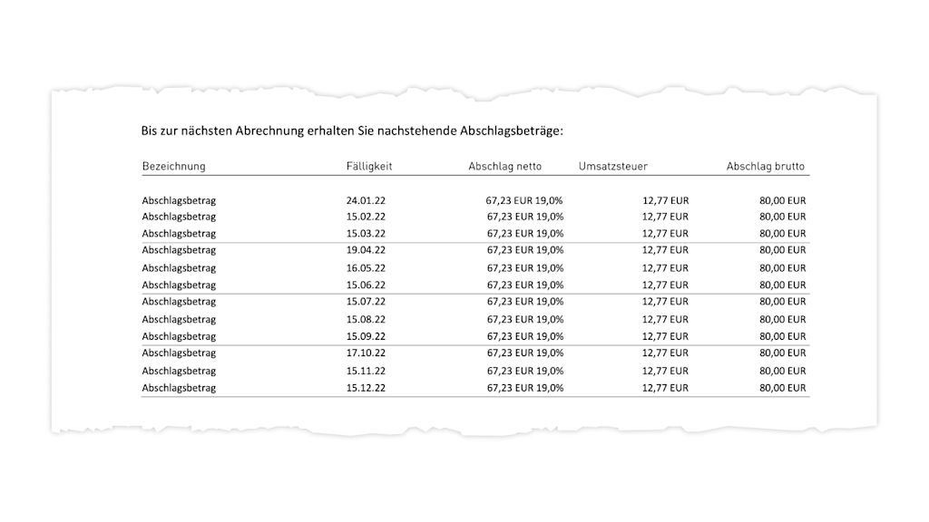 Beispielabrechnung mit Abschlagsbeträgen.