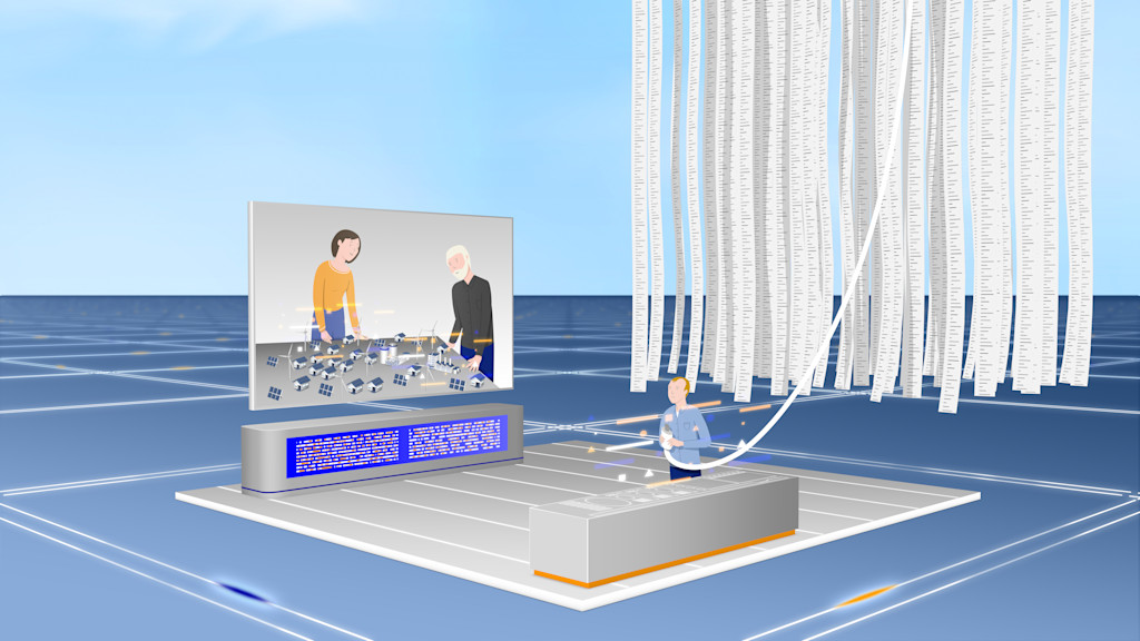 Illustration: futuristischen Datenverarbeitung mit modernem Schreibtisch, Hologrammen und drei Personen.