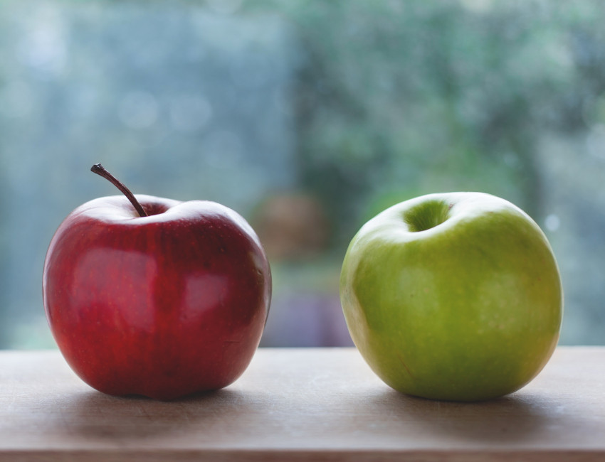 Red apple next to a green apple