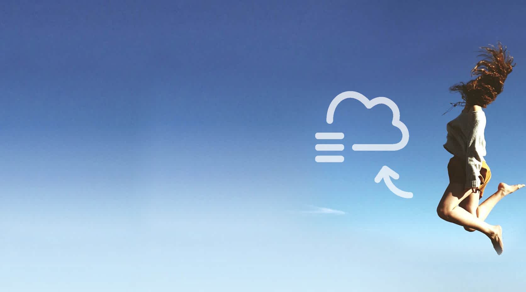 Frau macht Luftsprung und Cloud grafisch dargestellt