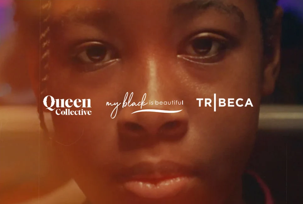 Still shot of a woman looking out taken from A Song of Grace film with the logos Queen Collective, My Black Is Beautiful, and Tribeca Film Festival