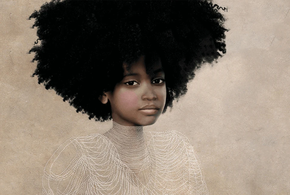 Painting of a young Black girl with pronounced curls looking out