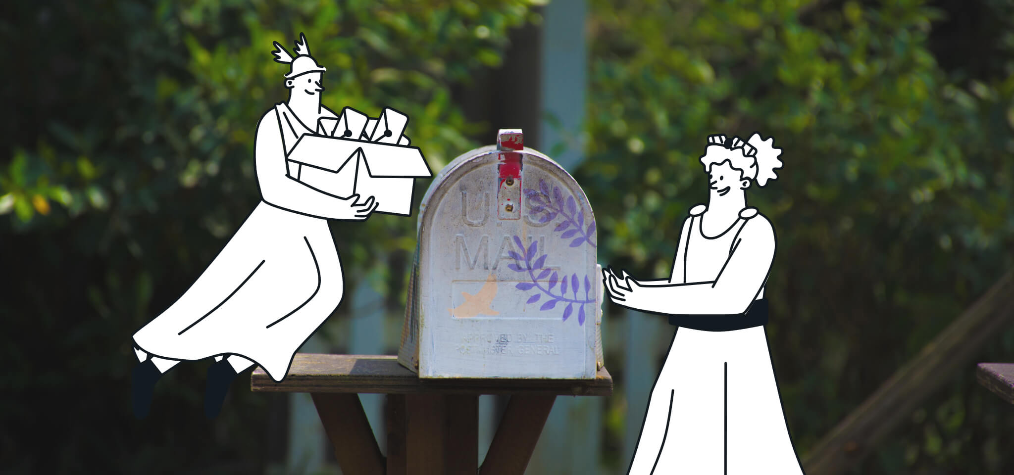 Hermès et Héra devant une boîte aux lettres
