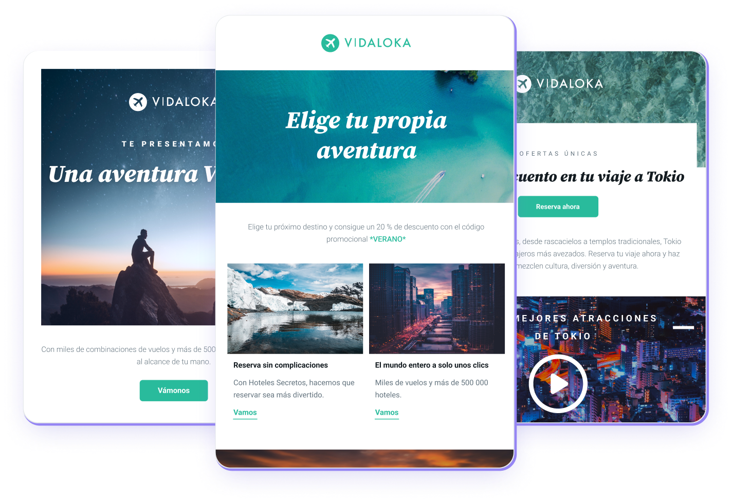 Varias plantillas de email que muestran cómo Mailjet es un potente editor de emails.