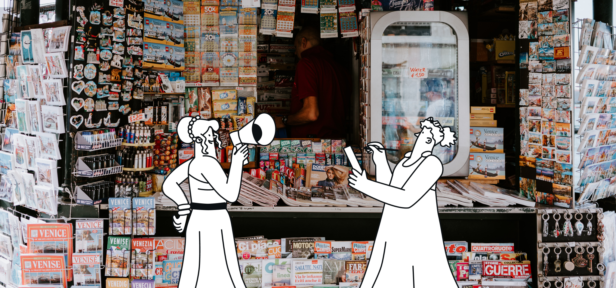 Illustration of two Greek goddesses in front of a newspaper stand
