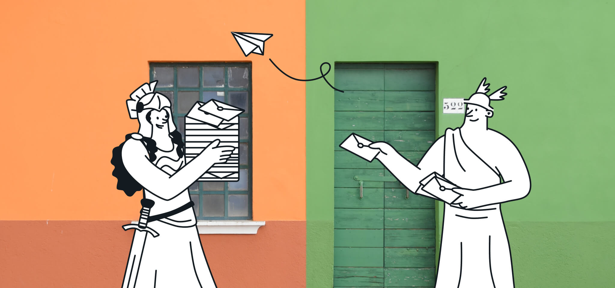 Hermes and a Goddess deliver mail in front of a green and orange house
