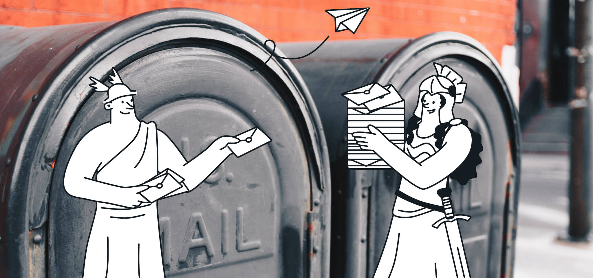 Hermes und eine Göttin bringen Post zu zwei alten Briefkästen