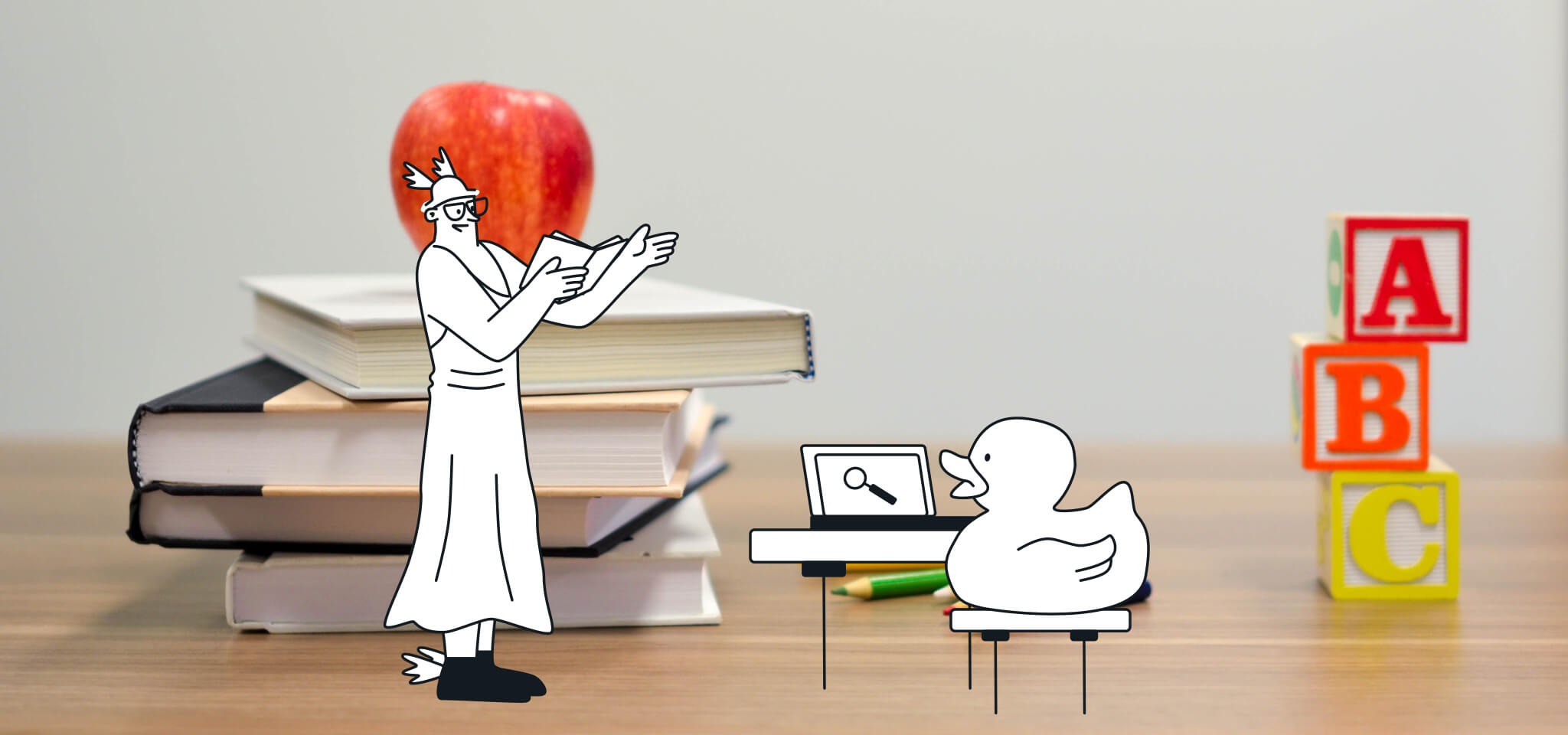 god with apple, blocks and duck
