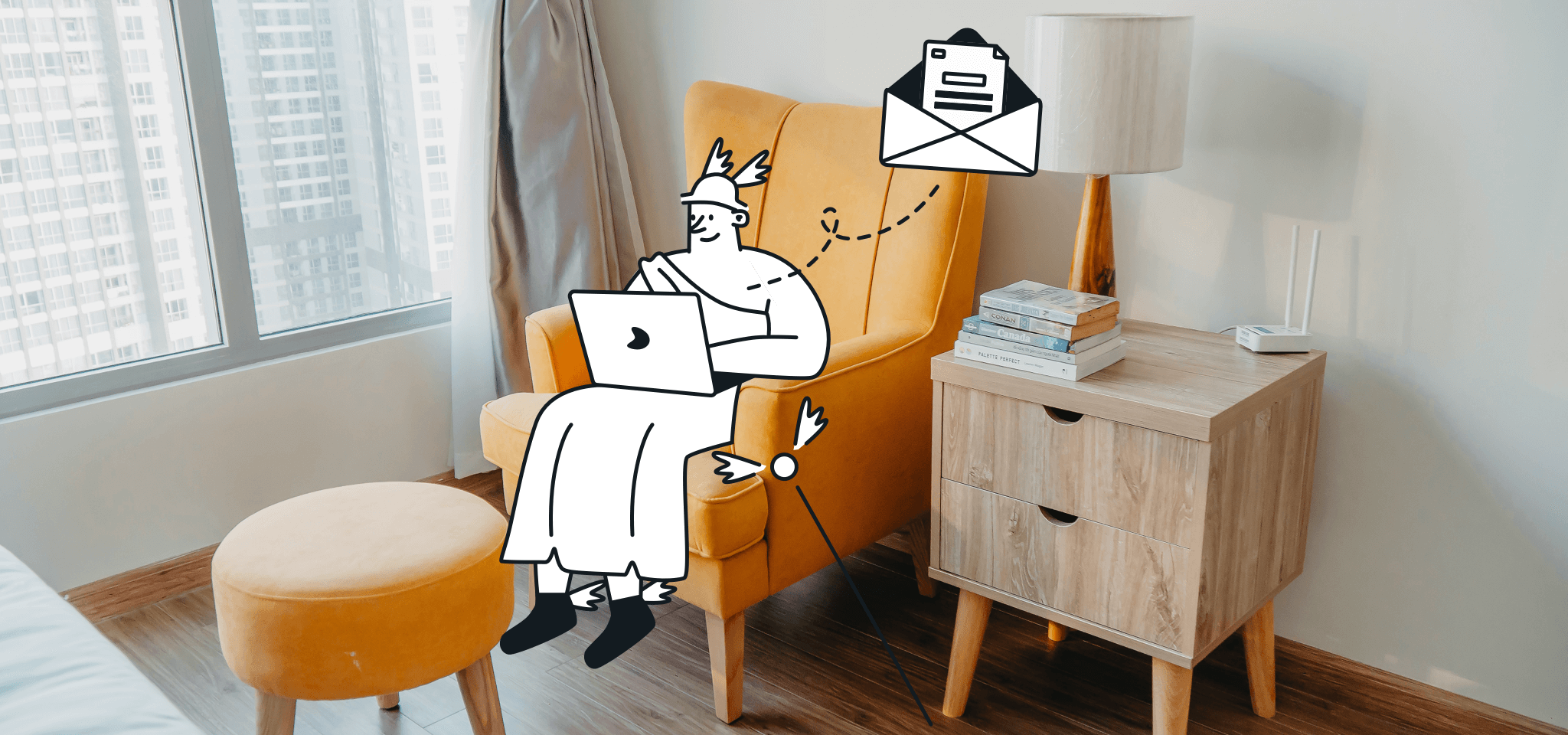 Hermès se détend dans un canapé avec son ordinateur portable en envoyant un e-mail.