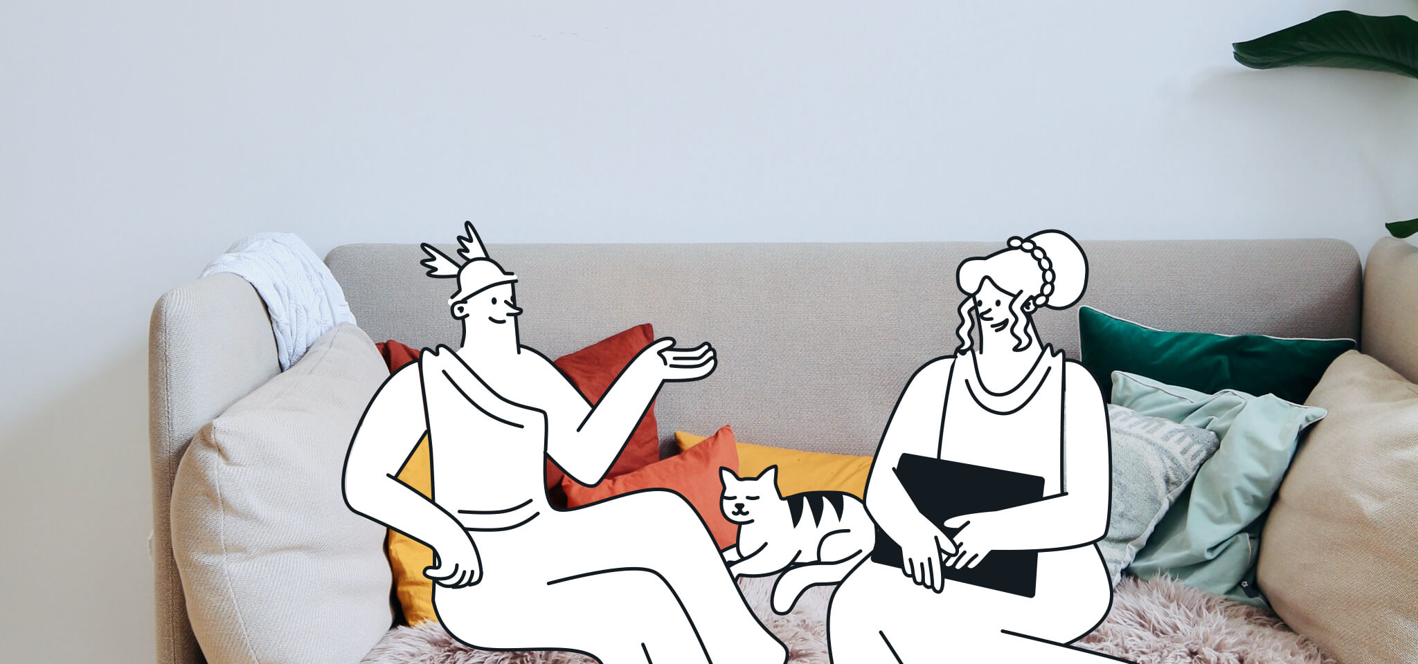 Héra et Hermès assis sur un canapé avec un chat