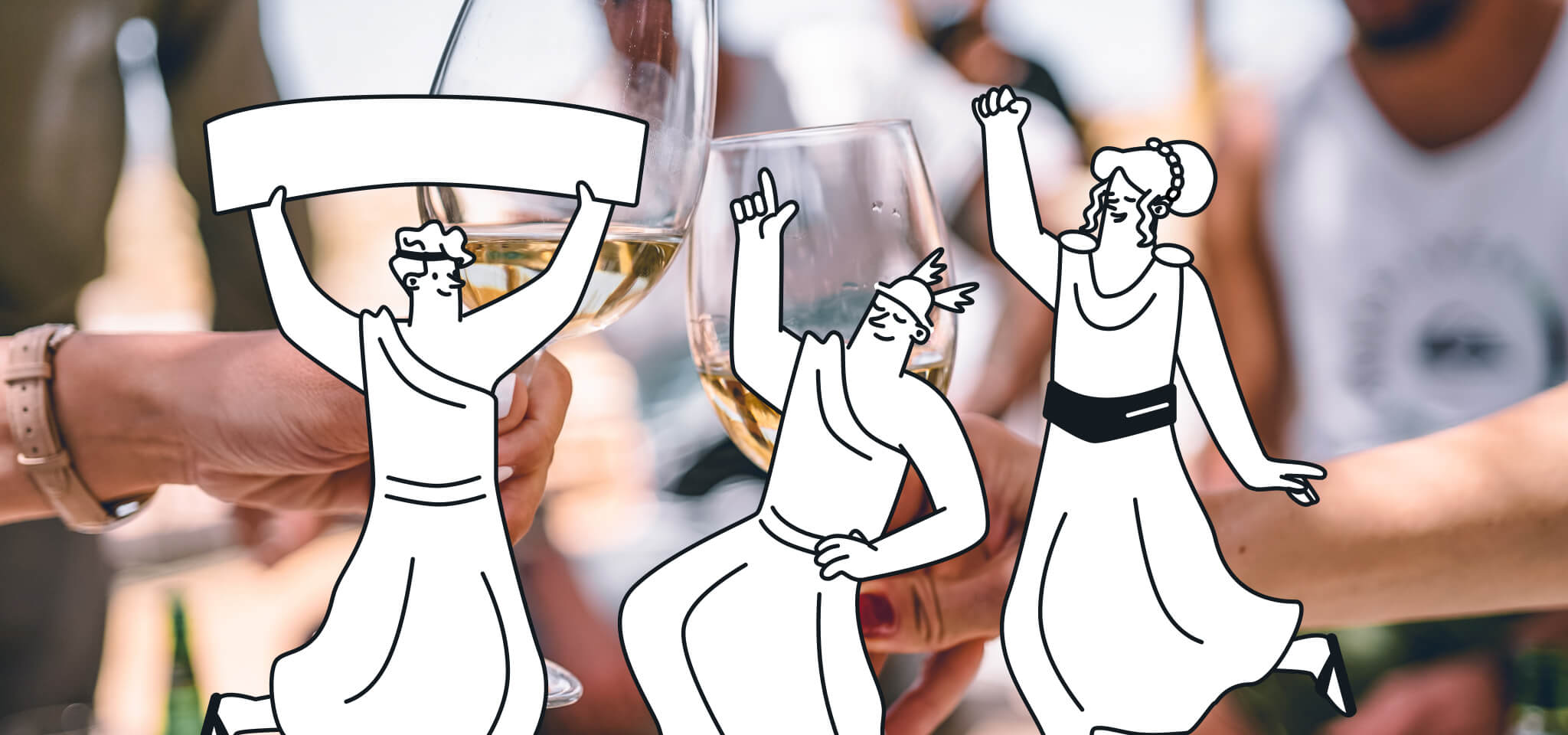 Hermès et deux autres dieux font la fête à côté de quelques verres de vin.
