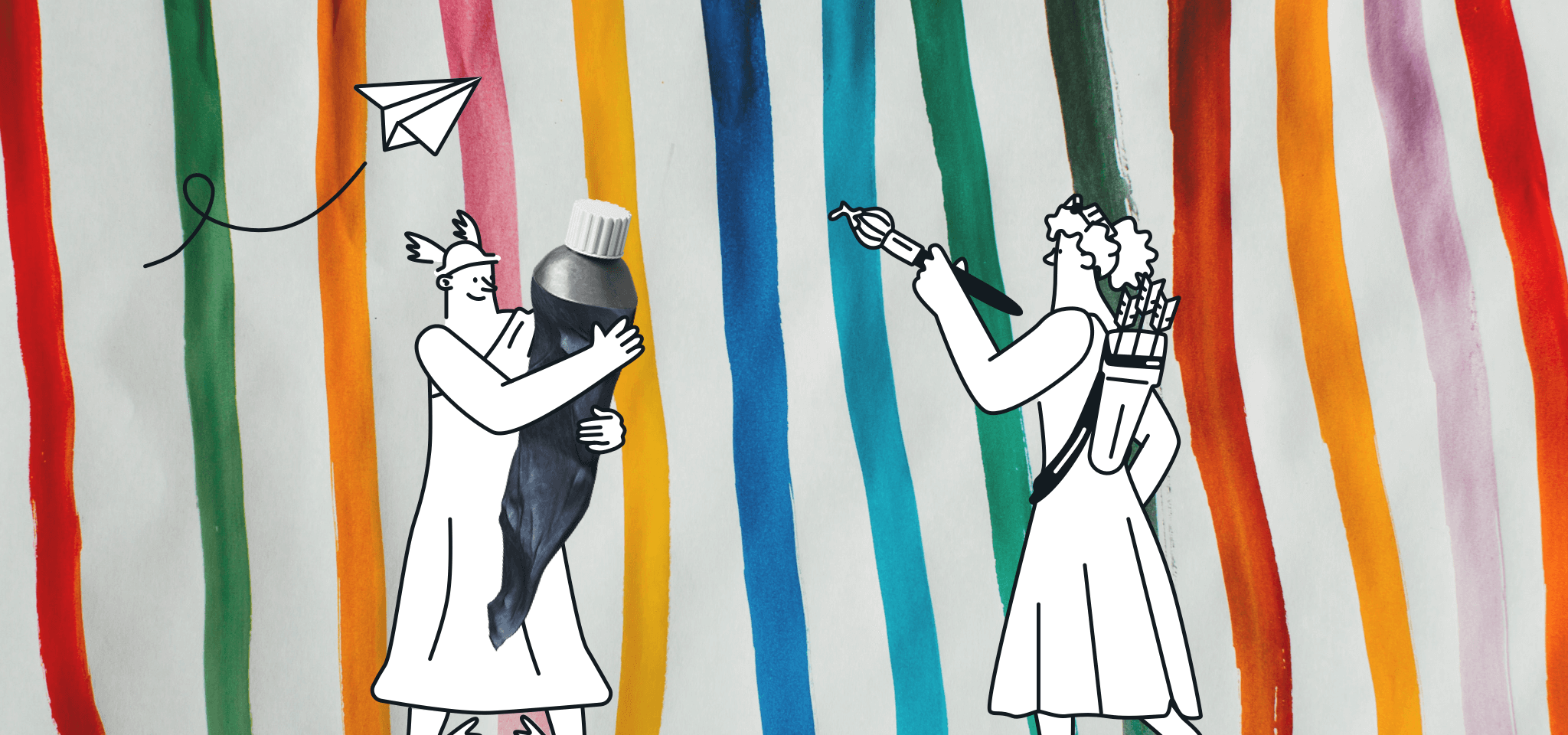 Hermes is helping a Goddess to paint colorful lines