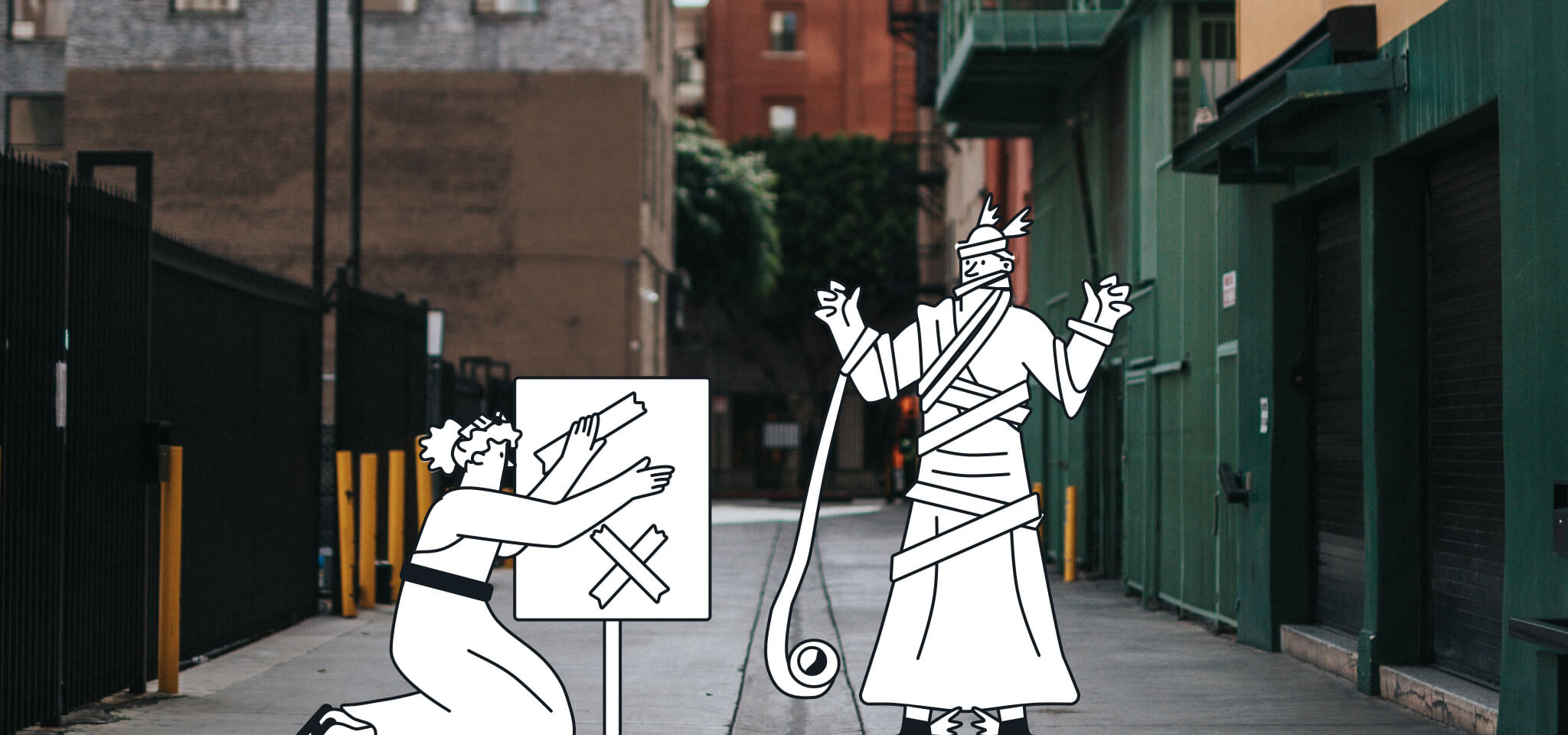 Hermes is tangled up with tape while helping a Goddess fix a sign in the street