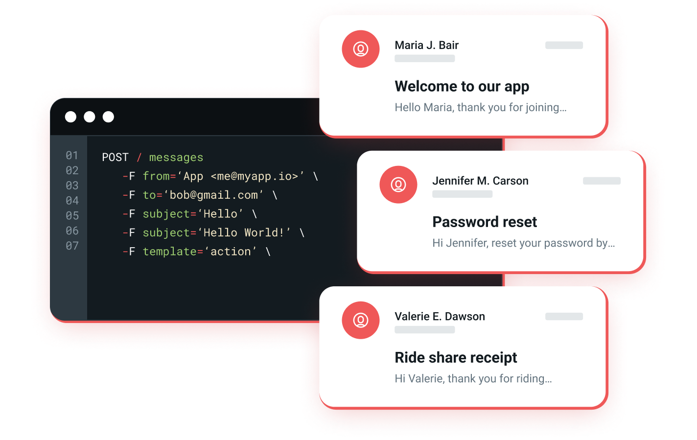 Illustration showing API code for email sending.