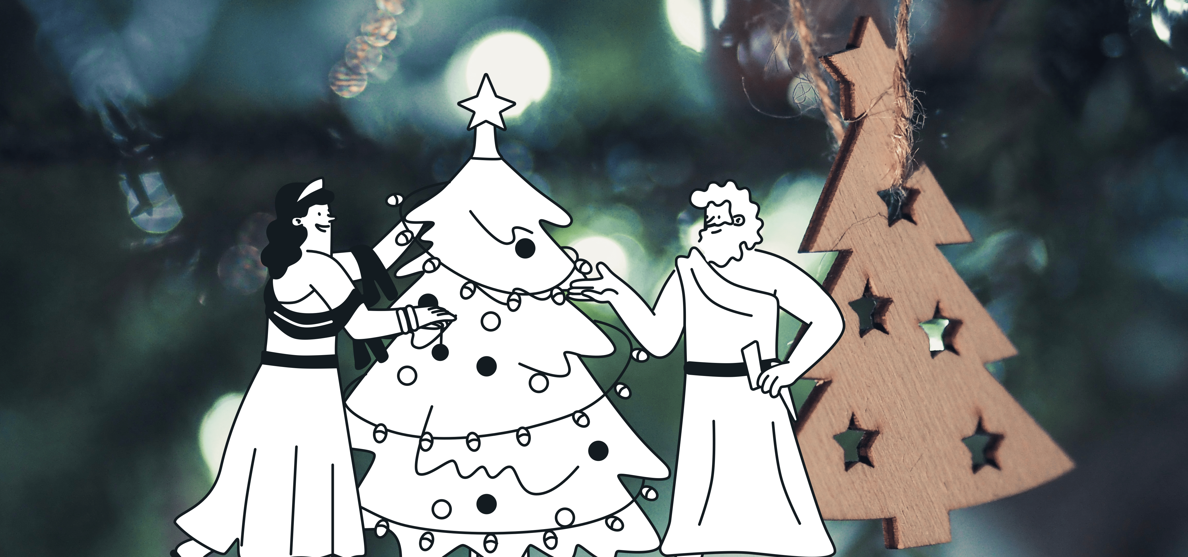 Zeus and a Goddess decorate a Christmas tree