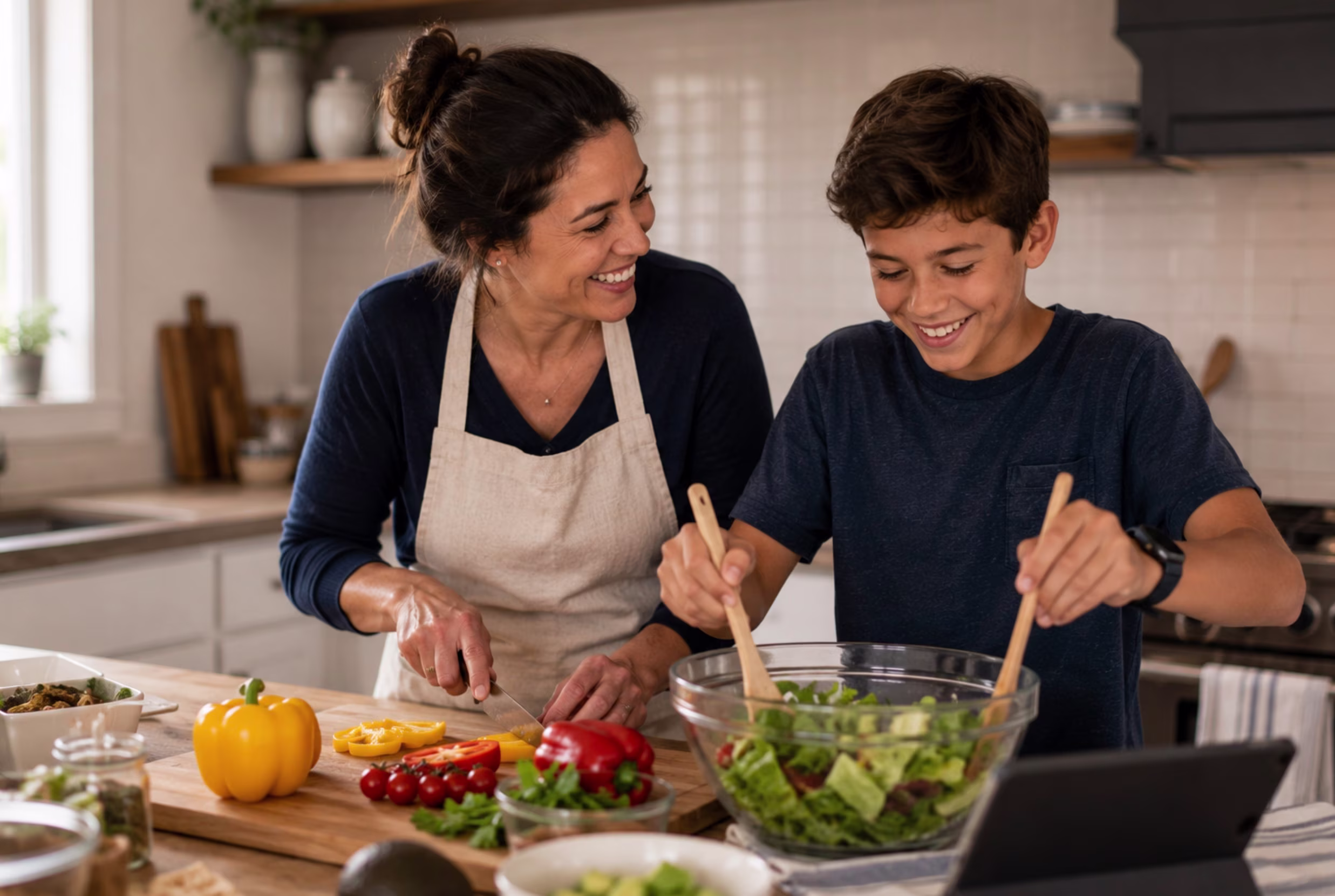 Mom and son cooking in the kitchen