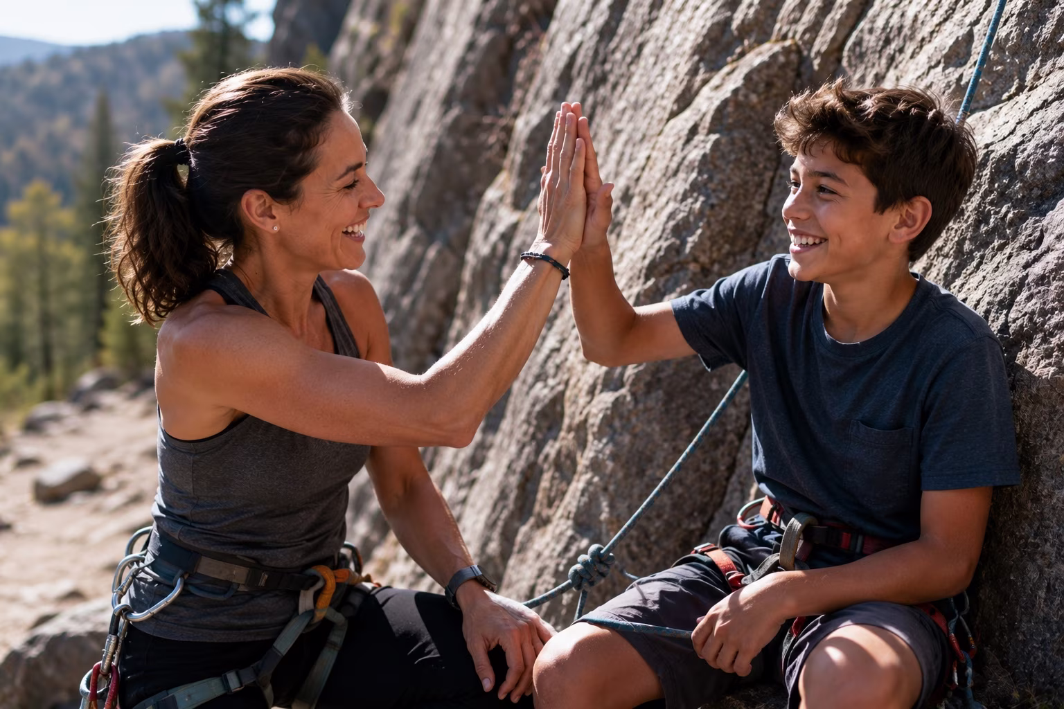 Mother and son actively bonding outdoors