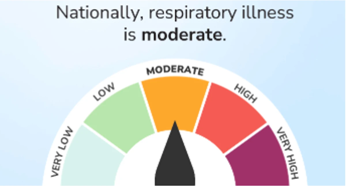 A color chart showing that nationally, respiratory illness is moderate