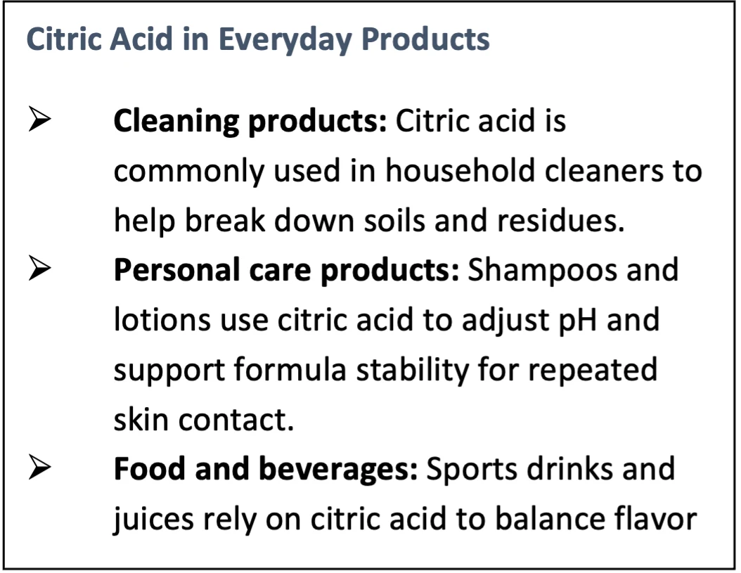 List of Citric Acid in Everyday Products. Cleaning products. Personal Care products. Food and beverages.