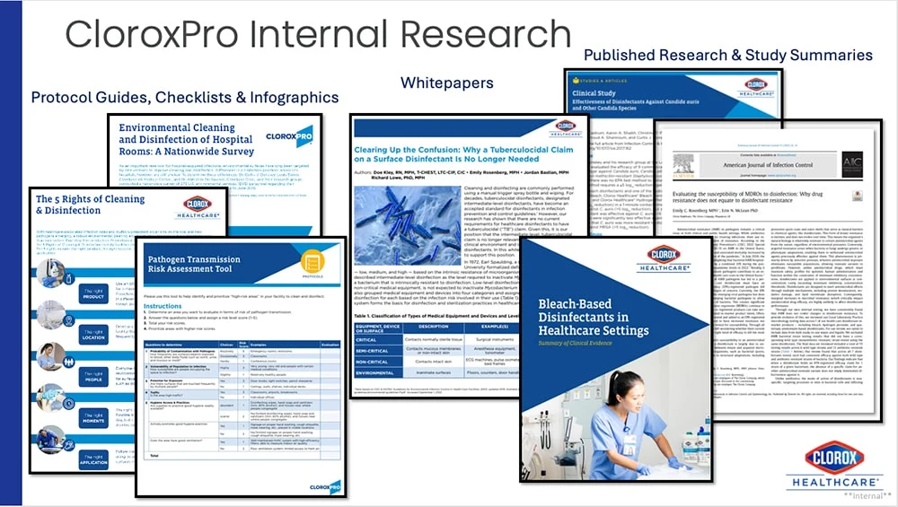 An infographic showing all of the different guides, whitepapers and research IPs can access from Clorox Healthcare