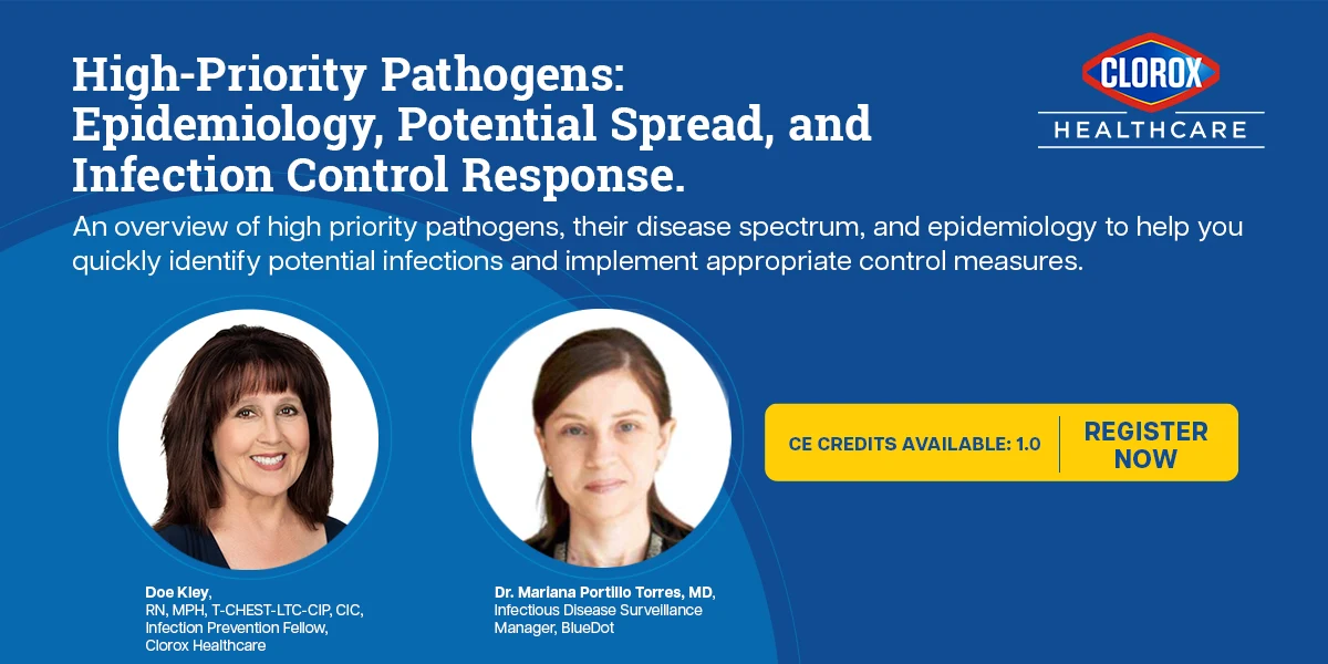 An infographic promoting a webinar on November 4: High-Priority Pathogens, featuring speakers Doe Kley and Mariana Torres