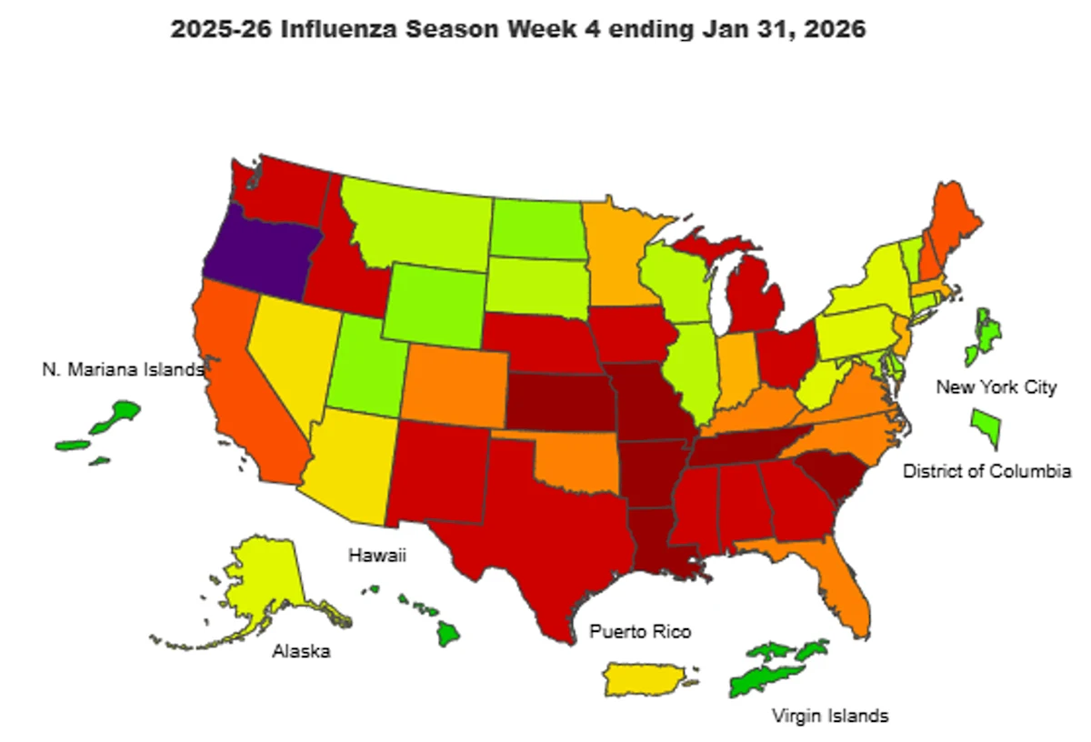 A map of the United States showing levels of influenza during the week of January 31, 2026