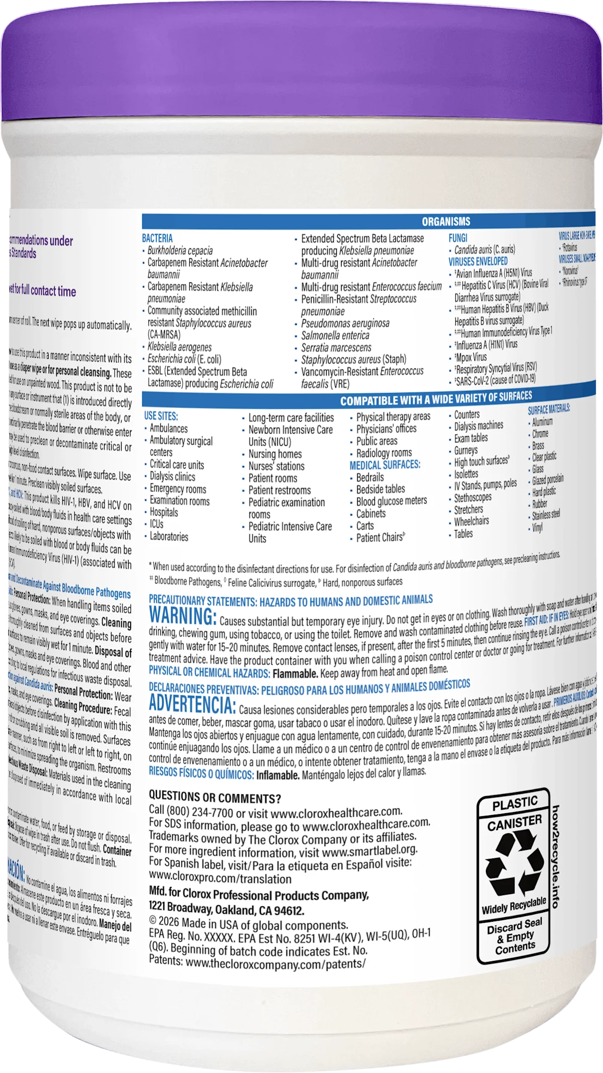 The back label of a canister of Quat Alcohol Wipes