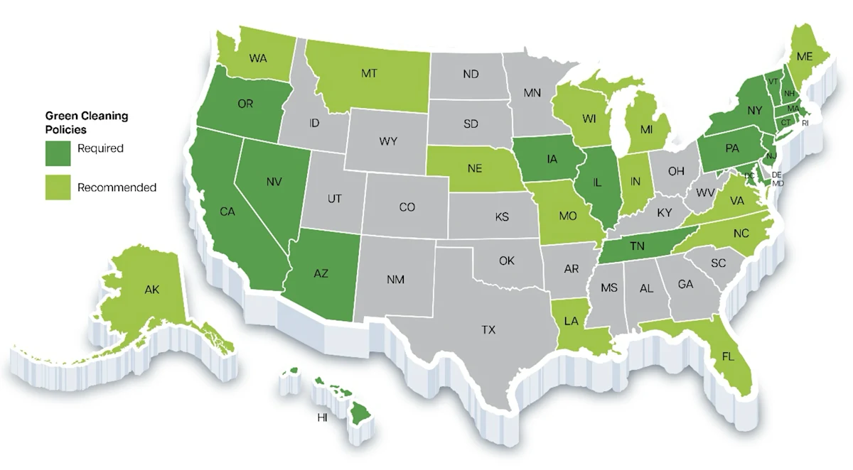 A map of the US showing where Green Cleaning Policies are in place