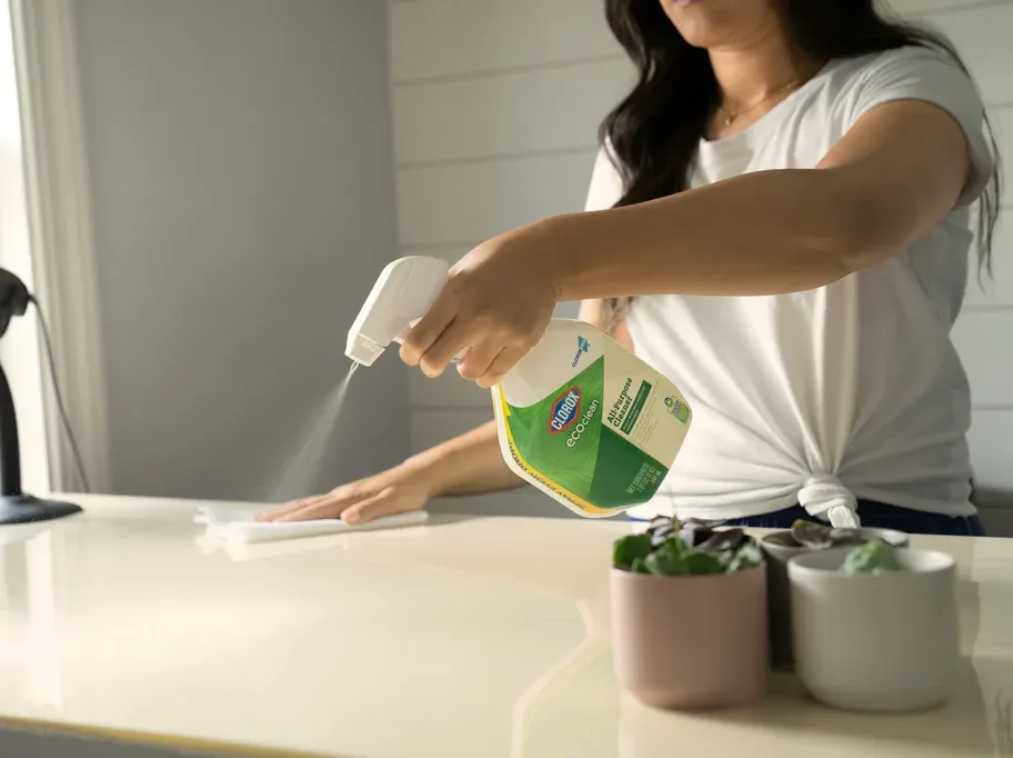 Person spraying counter with Clorox EcoClean