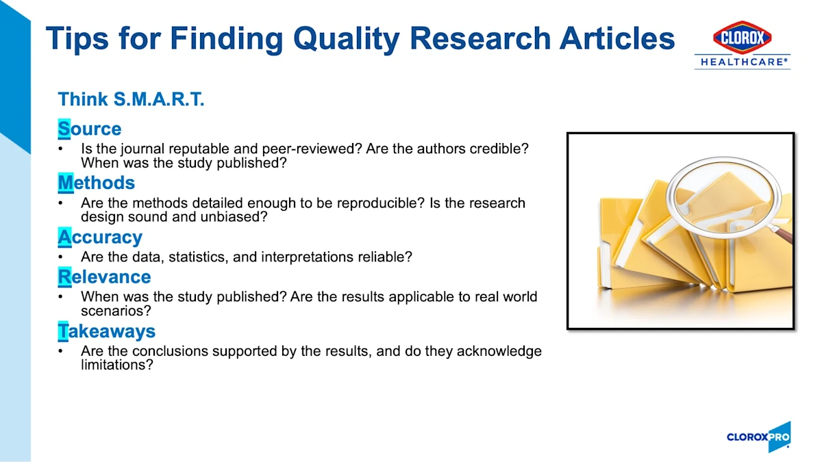 Infographic showing tips for finding quality research articles: source, methods, accuracy, relevance and takeaways