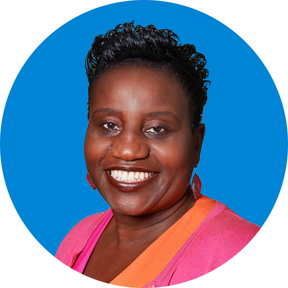 A headshot image of a woman in an aminated background of a circle