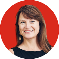 A headshot image of a woman in an aminated background of a circle