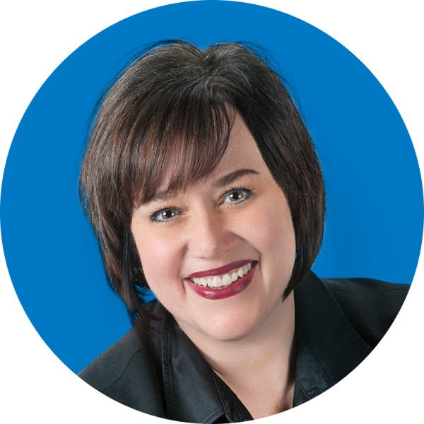 A headshot image of a woman in an aminated background of a circle