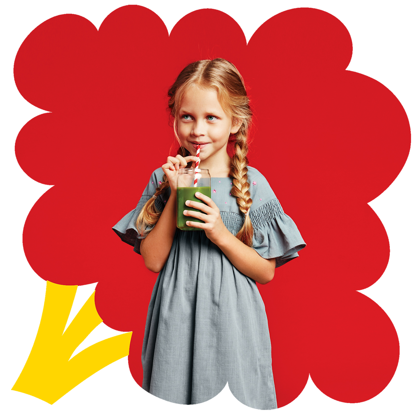 Little girl drinking a smoothie inside a stylized broccoli