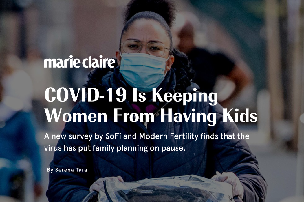 Outcast x Sofi: Photo of a woman in in medical mask pushing a baby carriage with a Marie Claire headline: "COVID-19 Is Keeping Women From Having Kids"