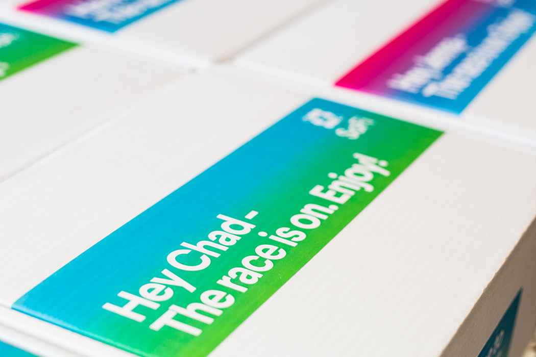 Outcast x SoFi: collateral from a brand activation reading: "Hey Chad- The race is on. Enjoy!"