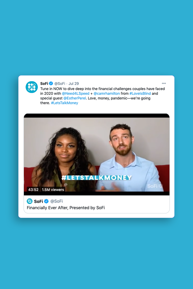 Outcast x SoFi: twitter post featuring the hashtag #letstalkmoney