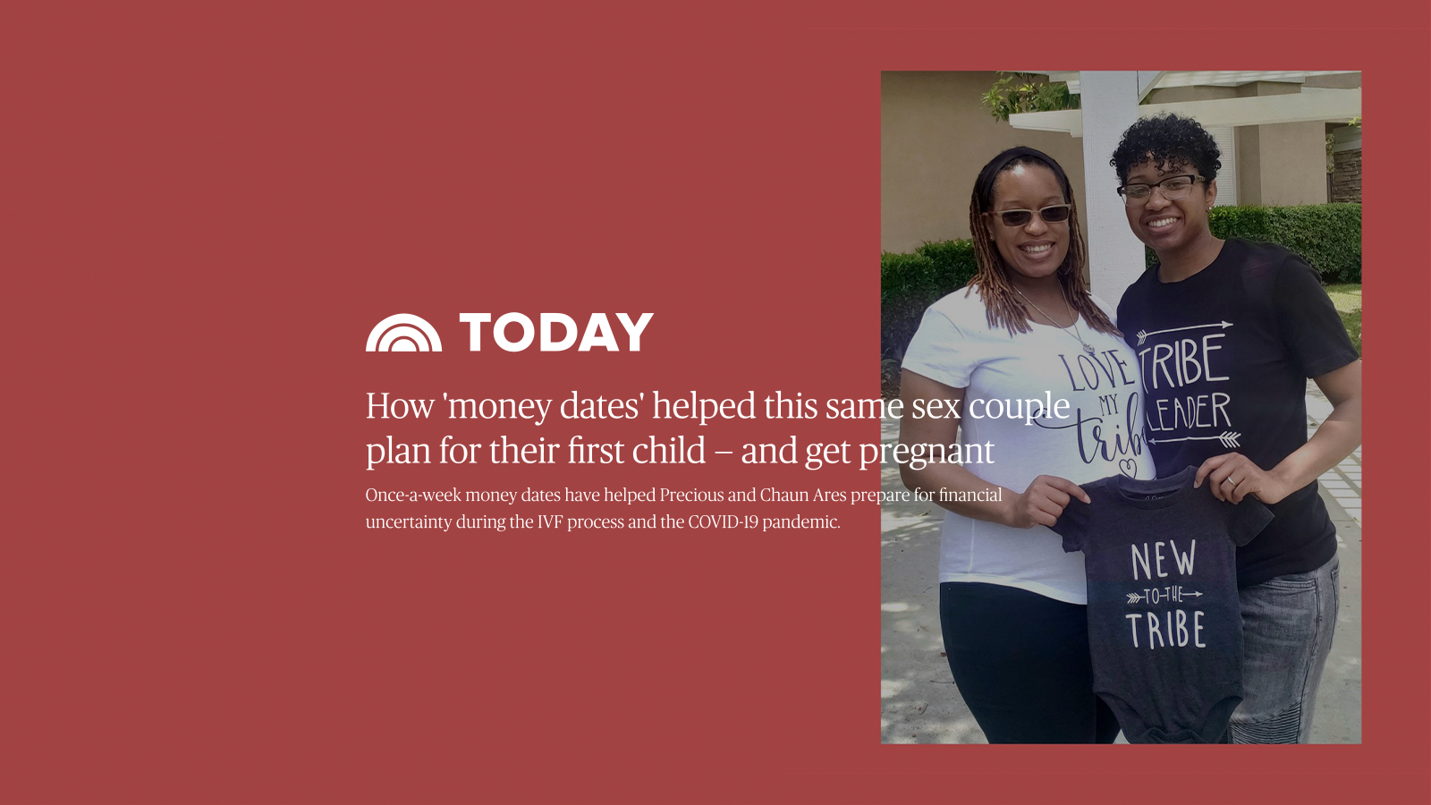 Outcast x SoFi: Portrait of a couple with Today headline: How 'money dates' helped this same-sex couple plan for their first child — and get pregnant"