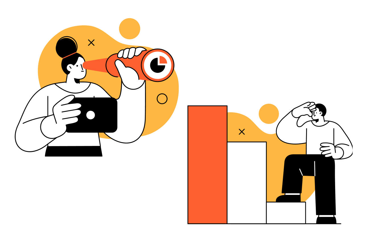 Illustration of two figures, one looking through a telescope at a pie chart and one standing on a bar graph