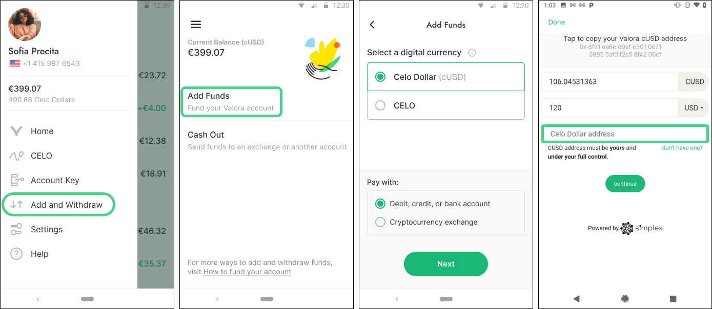 This image shows adding and withdrawing funds using simplex on the Valora application.