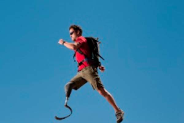 Runner with prosthetic leg.